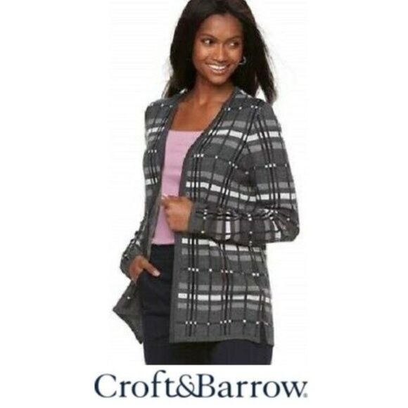Cardigan Large Croft & Barrow Longline Plaid Black White & Gray - Picture 1 of 15